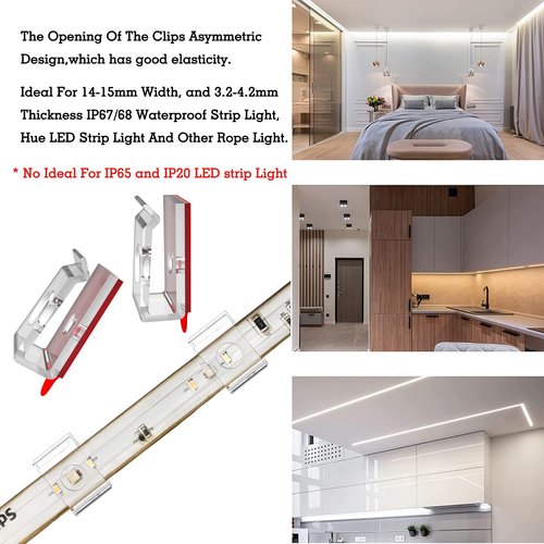 Self-Adhesive LED Strip Clips 15mm, Ideal for 14mm and 15mm LED Strip Light Brackets,IP67/IP68 Outdoor LED Strip Light Holder,Lighting Hanger for Party Release Cable and Fairy LED Lights Easily.
