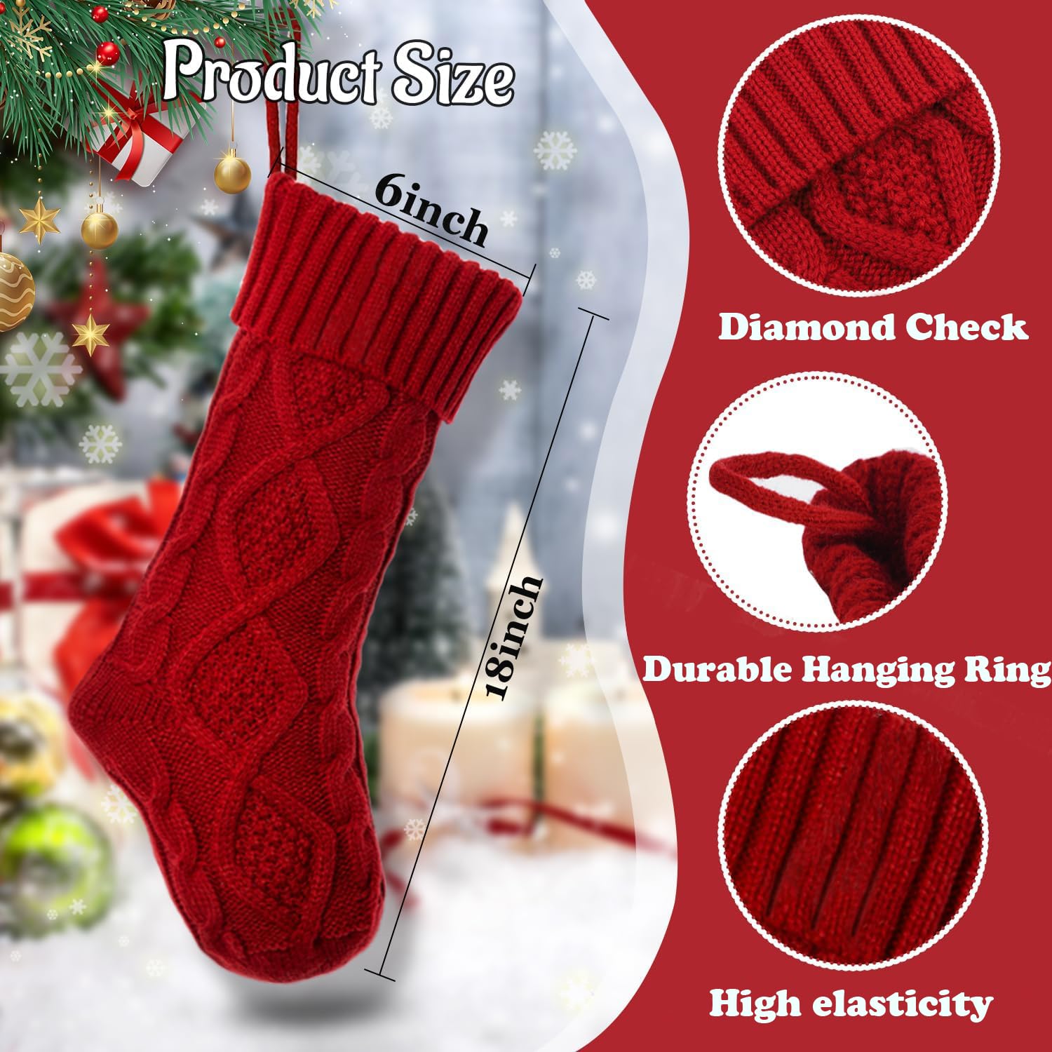 OYB Christmas Stockings，18 Inches Knitted Christmas Stockings，Large Christmas Stockings，Decorations for Family Holiday Xmas Party(Red)