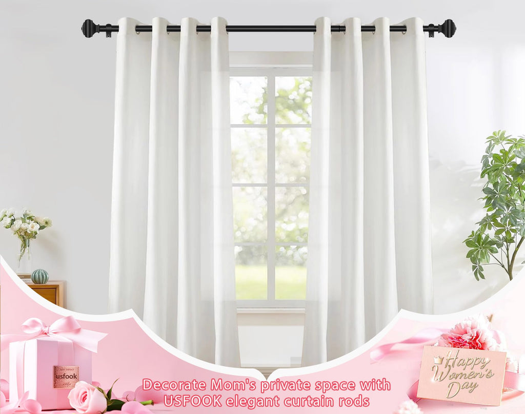 Adjustable Curtains Rods for Windows 48 to 84 Inch, USFOOK 7/8 Inch Splicing Single Curtain Pole Set, Decorative Drapery Rods 32 to 86 Inch for Home, Black Square Finials
