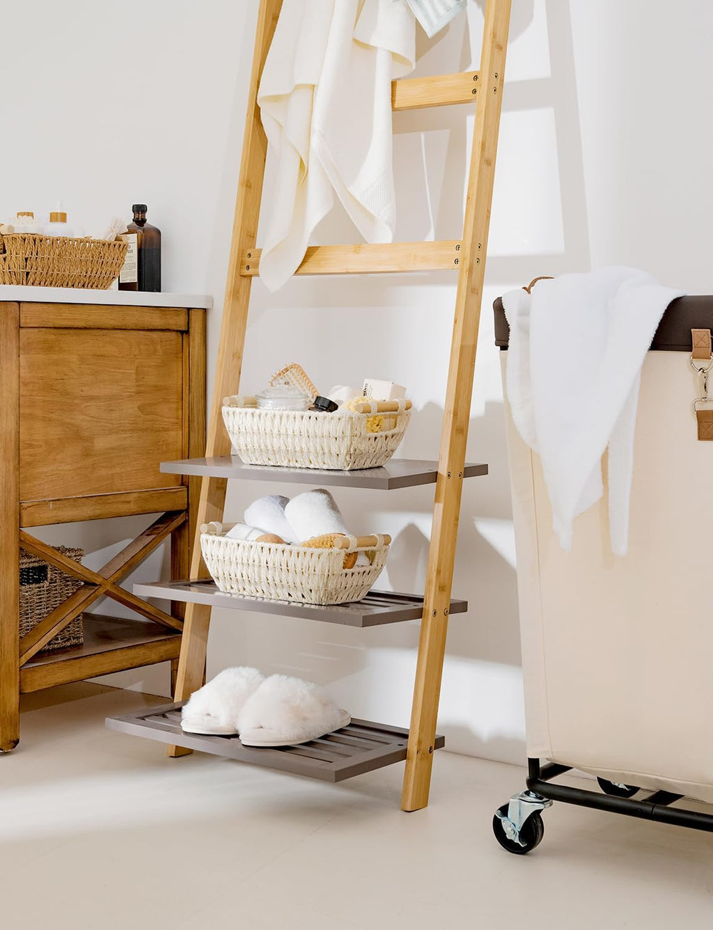 StorageWorks Round Woven Paper Rope Baskets - Beige 2-Pack with Wooden Handles for Stylish Storage