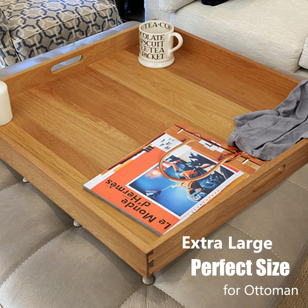 MAGIGO 24 x 24 Inches Large Square Teak Wood Ottoman Tray with Handles, Serve Tea, Coffee Classic Wooden Decorative Serving Tray