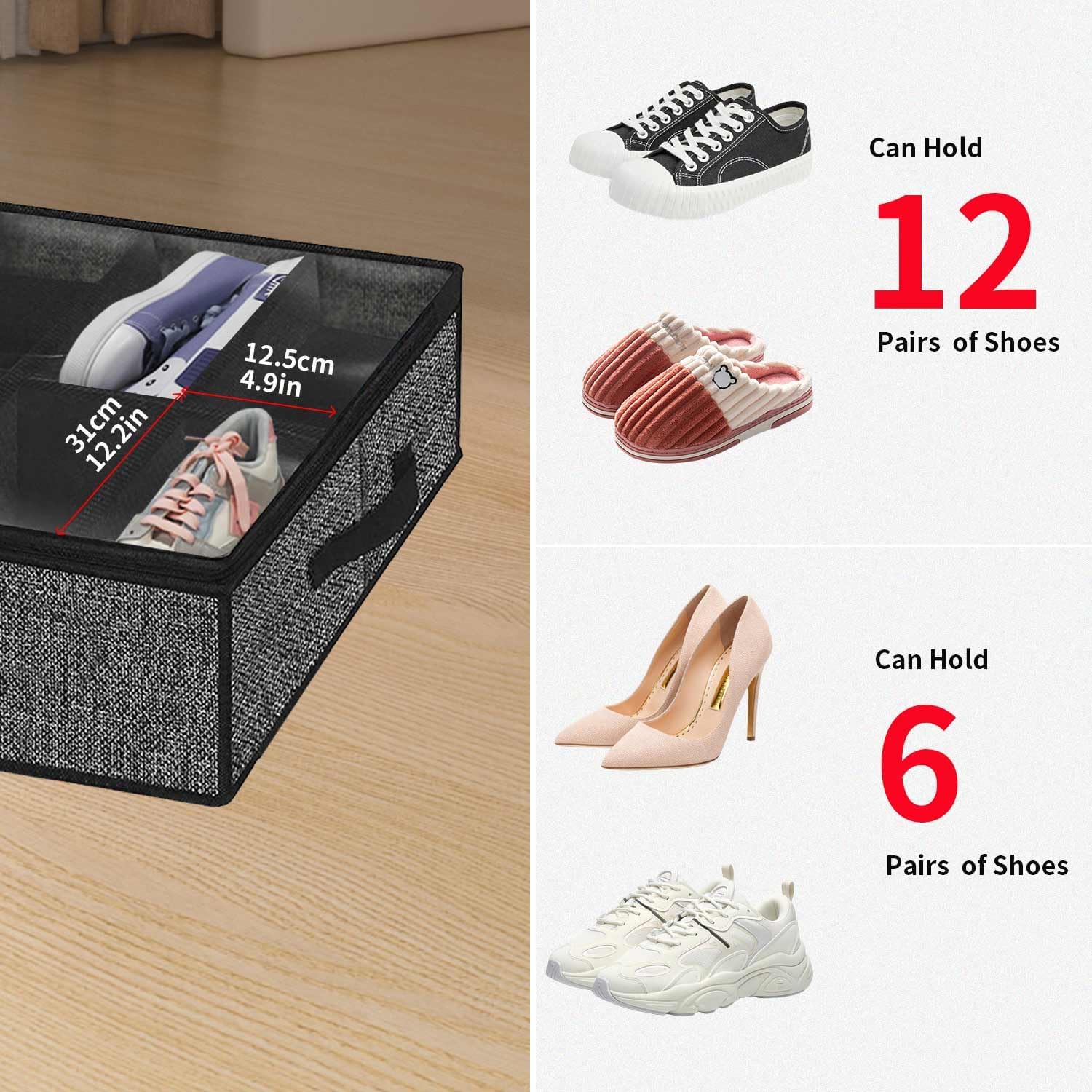 Onlyeasy Under Bed Shoe Storage Organizer - 4 Pack for 12 Pairs | Sturdy, Breathable Black Bags