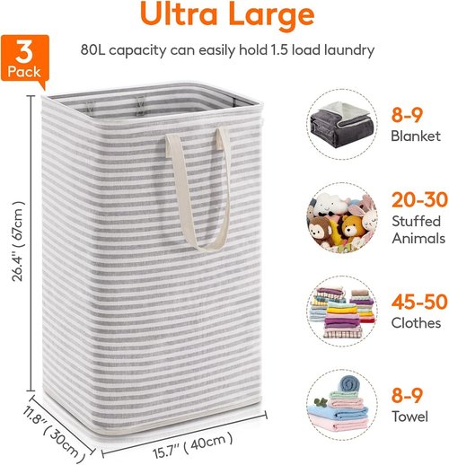 Lifewit Laundry Basket - 3 Pack Collapsible Hamper with Reinforced Handles | 80L Each, Grey