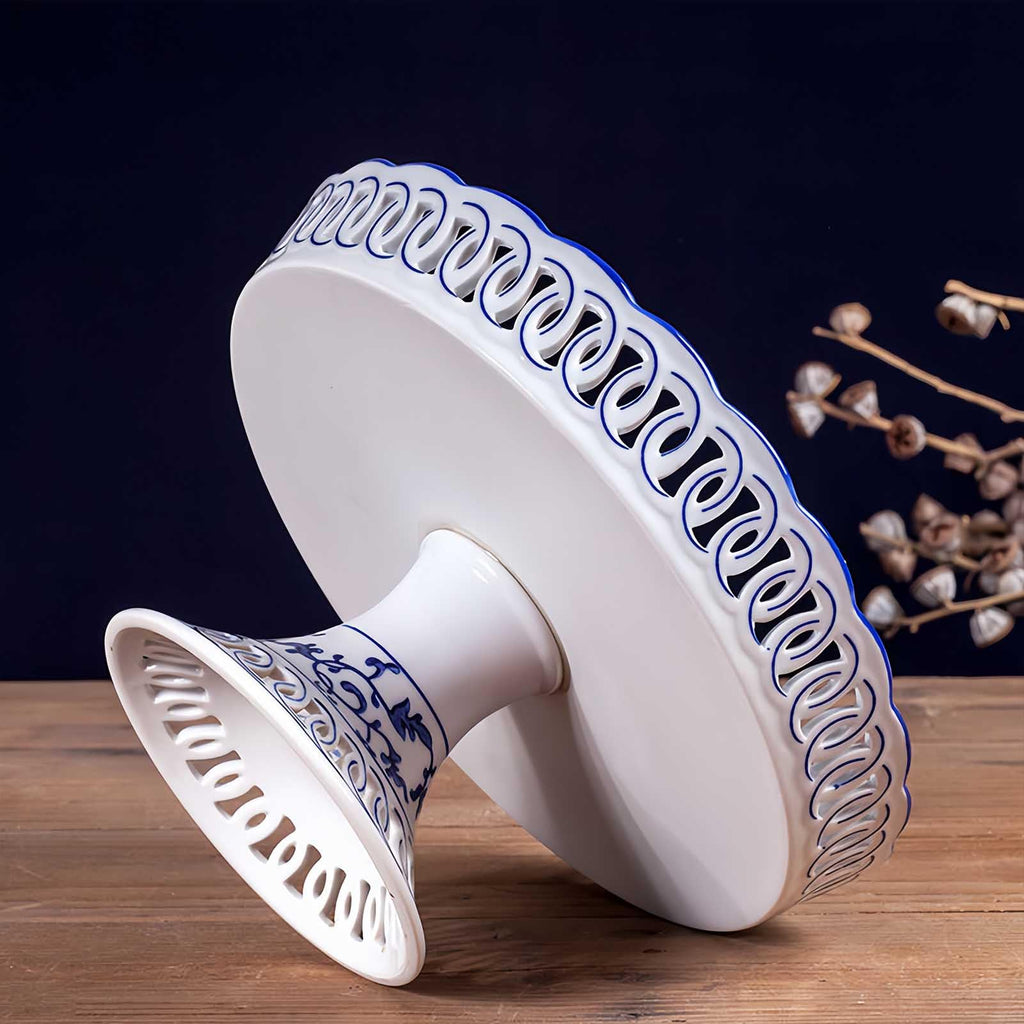 YYMayLsh Decorative Porcelain Fruit Bowl with Pedestal, Blue and White Floral Pattern, 11x5.7 inches