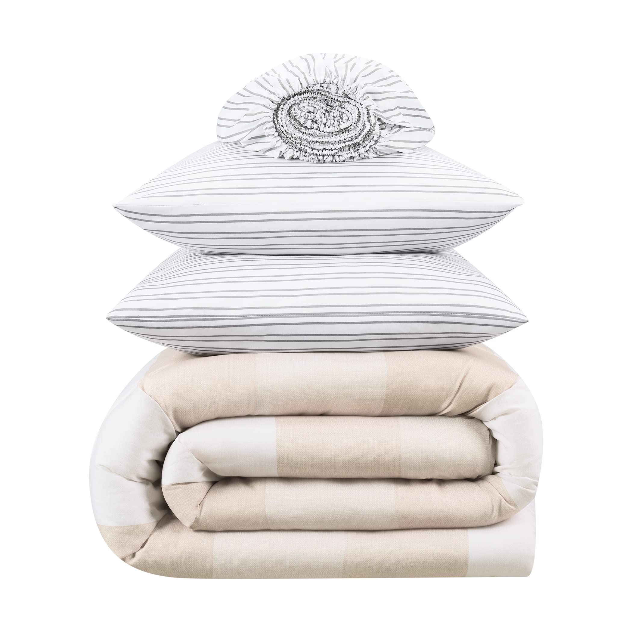 Serta Simply Clean Billy Soft 7 Piece Textured Stripe Bed in a Bag Complete Bedding Comforter Set with Sheets and Pillow Cases for All Season, Full, Natural