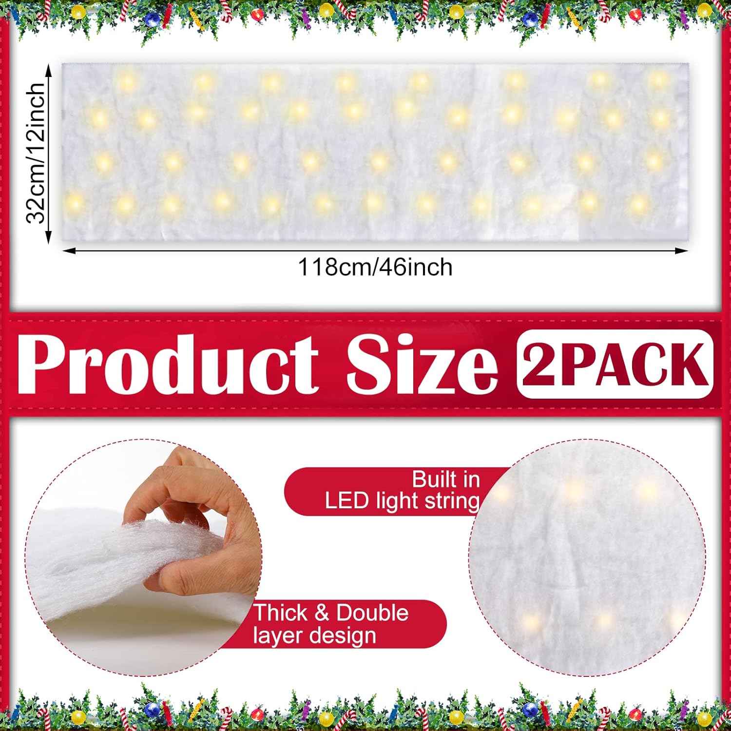 Tudomro Christmas Snow Blanket - Pre-Lit LED Fake Snow Runner for Holiday Village Display | 4 ft x 13 in (Warm White, 2 Pcs)
