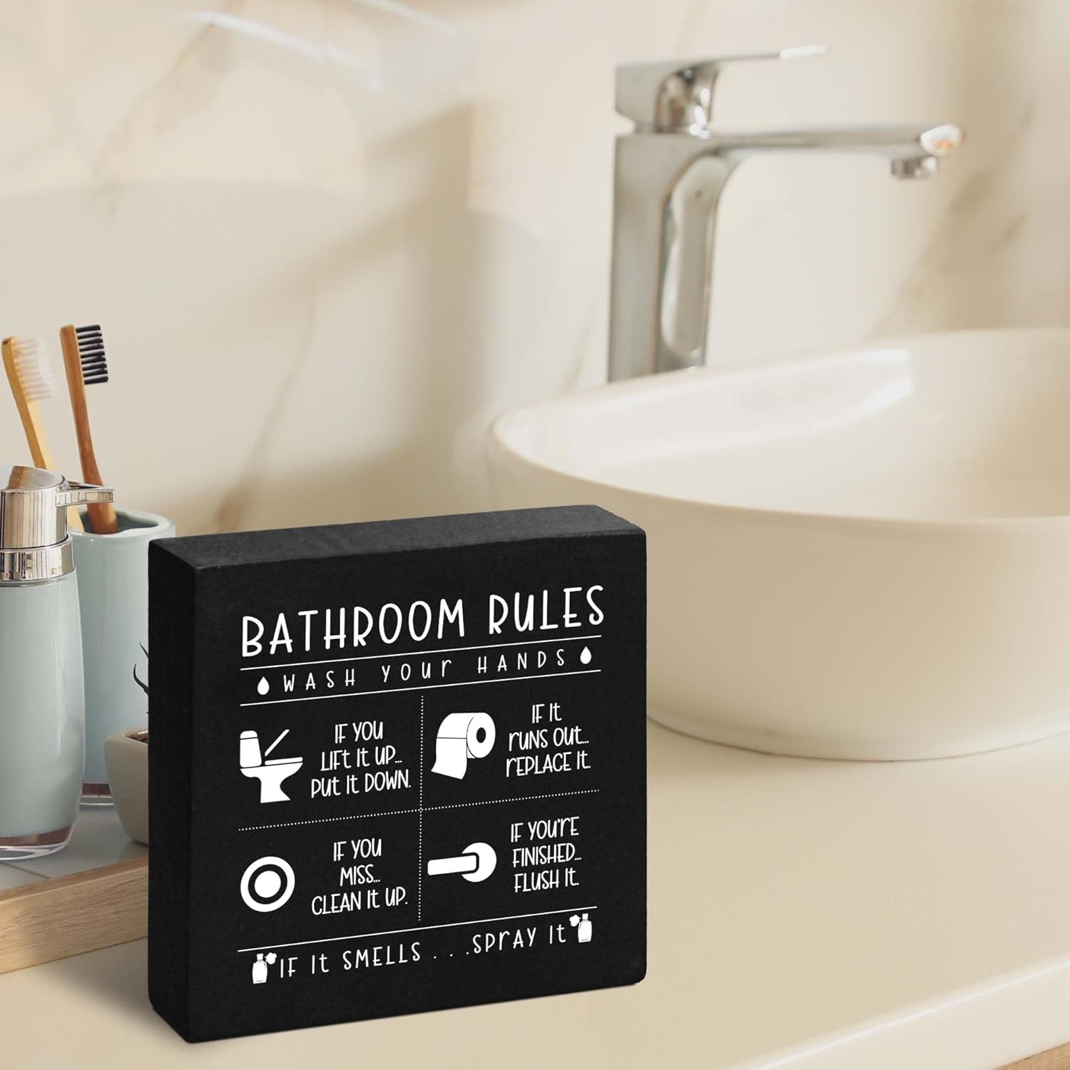 Regine Switzerland Funny Restroom Sign - Rustic Black Wooden Box Decor for Bathroom | Perfect Gift for Holidays
