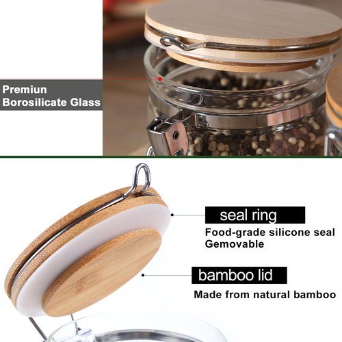 KKC HOME ACCENTS Airtight Borosilicate Glass Loose Leaf Tea & Coffee Beans Storage Jars with Bamboo Clamp Lid & Scoop - Glass Storage Canisters for Brown Sugar, Matcha, Pantry Organization - 27 Fl.Oz