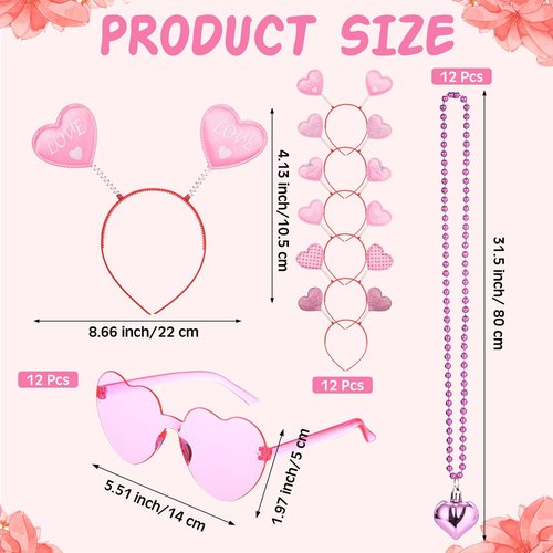 Kanayu 72 Pcs Valentine's Day Accessories Set Include 24 Heart Headbands Head Boppers 24 Heart Shape Sunglasses 24 Beaded Necklace for Valentine Party Favors Costume Supply(Pink)