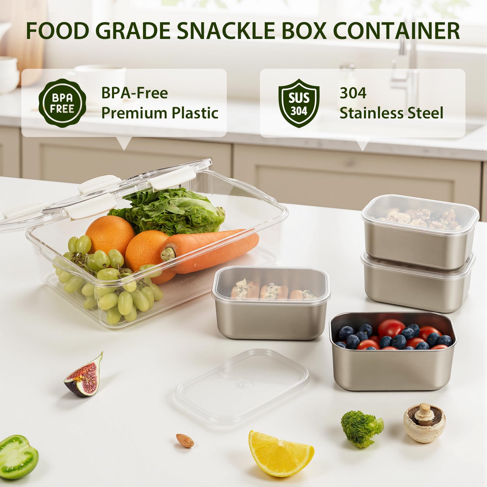 Freshmage Snackle Box Container, Stainless Steel Divided Serving Snack Tray with Lid and Handle, 4 Compartment Portable Snack Platters for Road Trip, Beach, Picnic, Ball Games, Pool and Parties