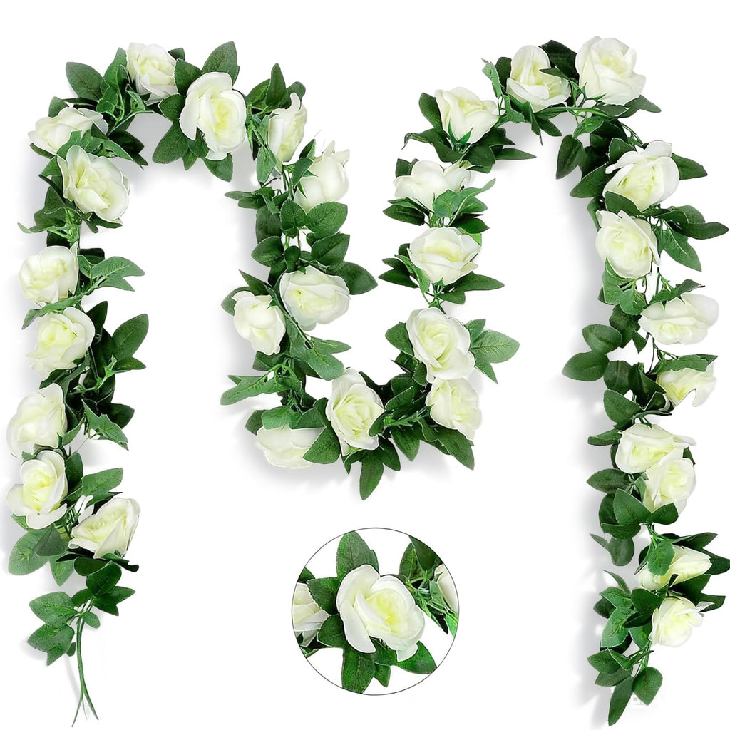 YRIOWMI 10PCS Fake Rose Garland, 7.5Ft Artificial Vines Flowers Hanging Rose Vine for Table Wedding Backdrop Arch Wall Party Mantle Festival Decor (Snowy White)