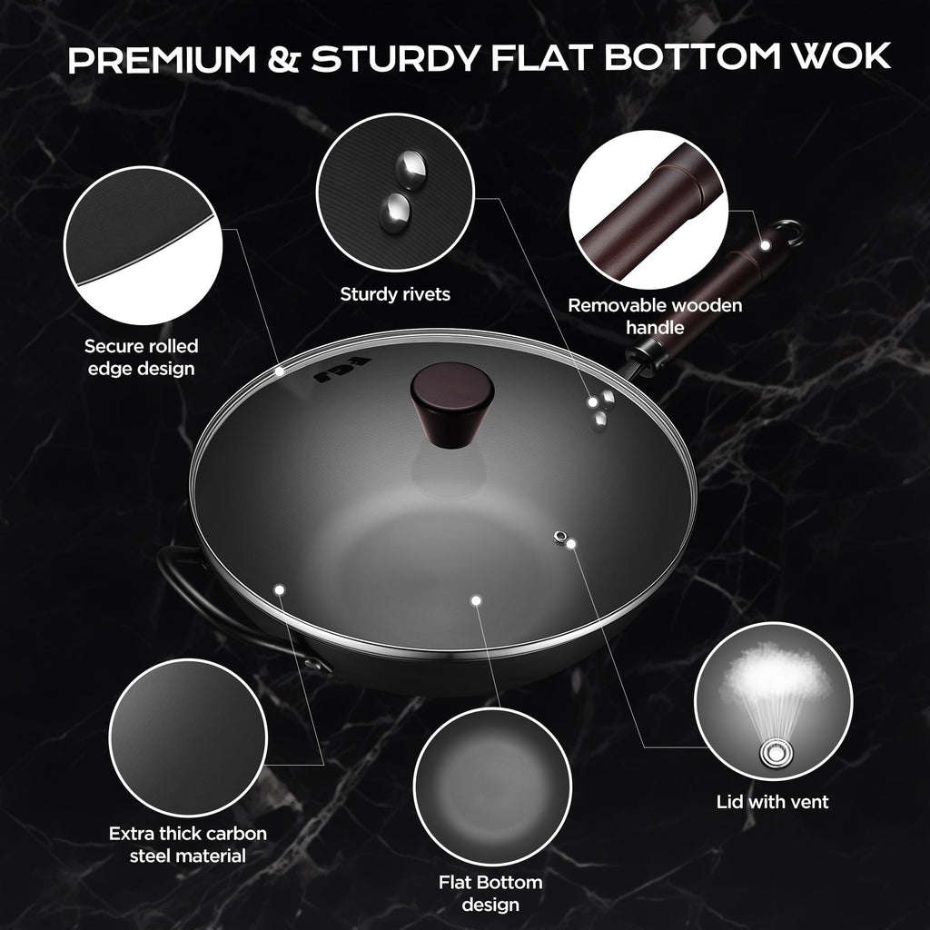 Wok, 13 Inch carbon steel wok pan with steamer & stir-fry pans nonstick, Pre-Seasoned 5.8QT Flat Bottom Chinese Woks Paella Pan with lid, Carbon Steel Cookware, Compatible with All Cooktops