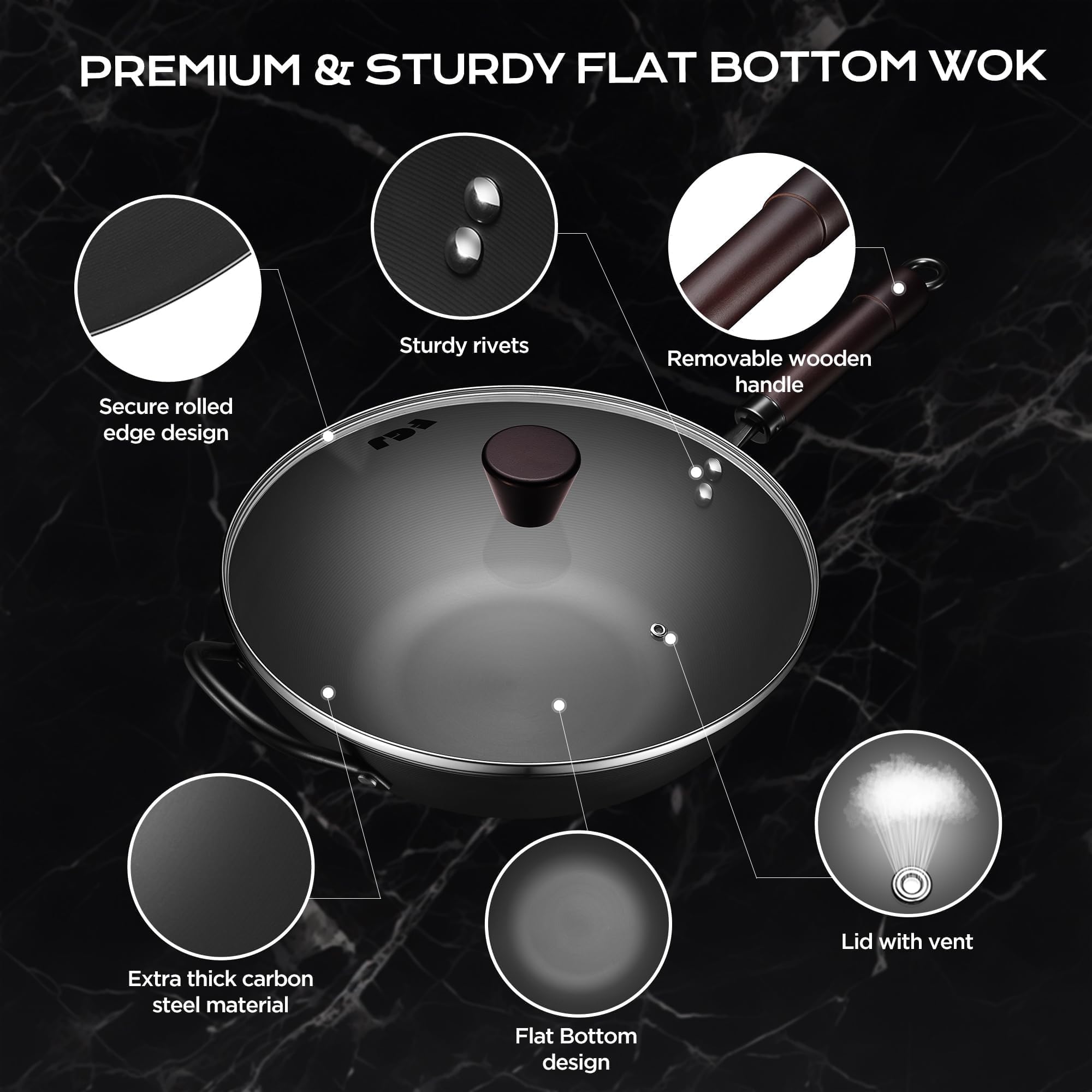 Wok, 13 Inch carbon steel wok pan with steamer & stir-fry pans nonstick, Pre-Seasoned 5.8QT Flat Bottom Chinese Woks Paella Pan with lid, Carbon Steel Cookware, Compatible with All Cooktops