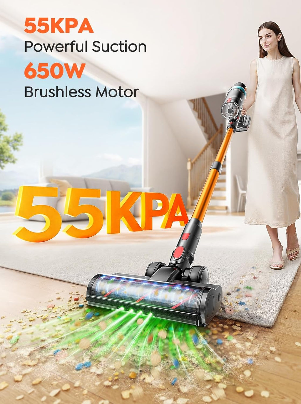 Skiennix Cordless Vacuum Cleaner - 650W 55KPA Suction Power | 70-Minute Runtime, LED Touch Screen, Auto Mode for Carpets & Hard Floors