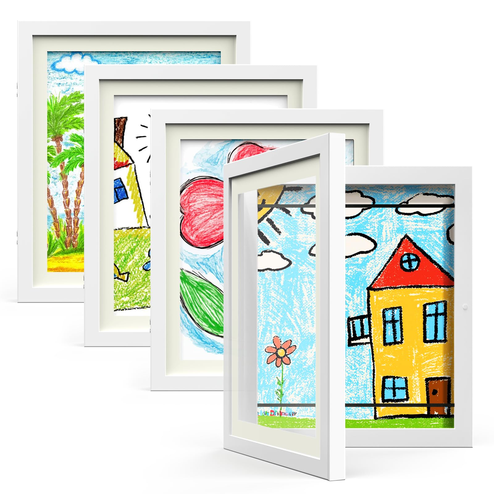 Hsypti Kids Art Frames, Kids Artwork Frames Changeable 8.5 x11 with Mat and 10 x12.5 Without Mat, Front Opening Holds 100 Drawings for Drawings, Artworks, Children Art Projects 4 Pack White