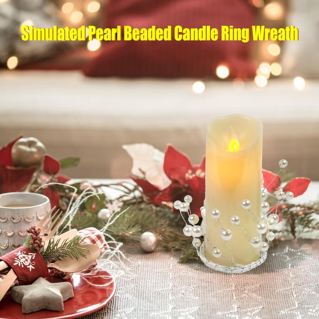 Skiennix Simulated Pearl Beaded Candle Ring Wreath - Elegant 2" Crystal Centerpiece for Home & Events