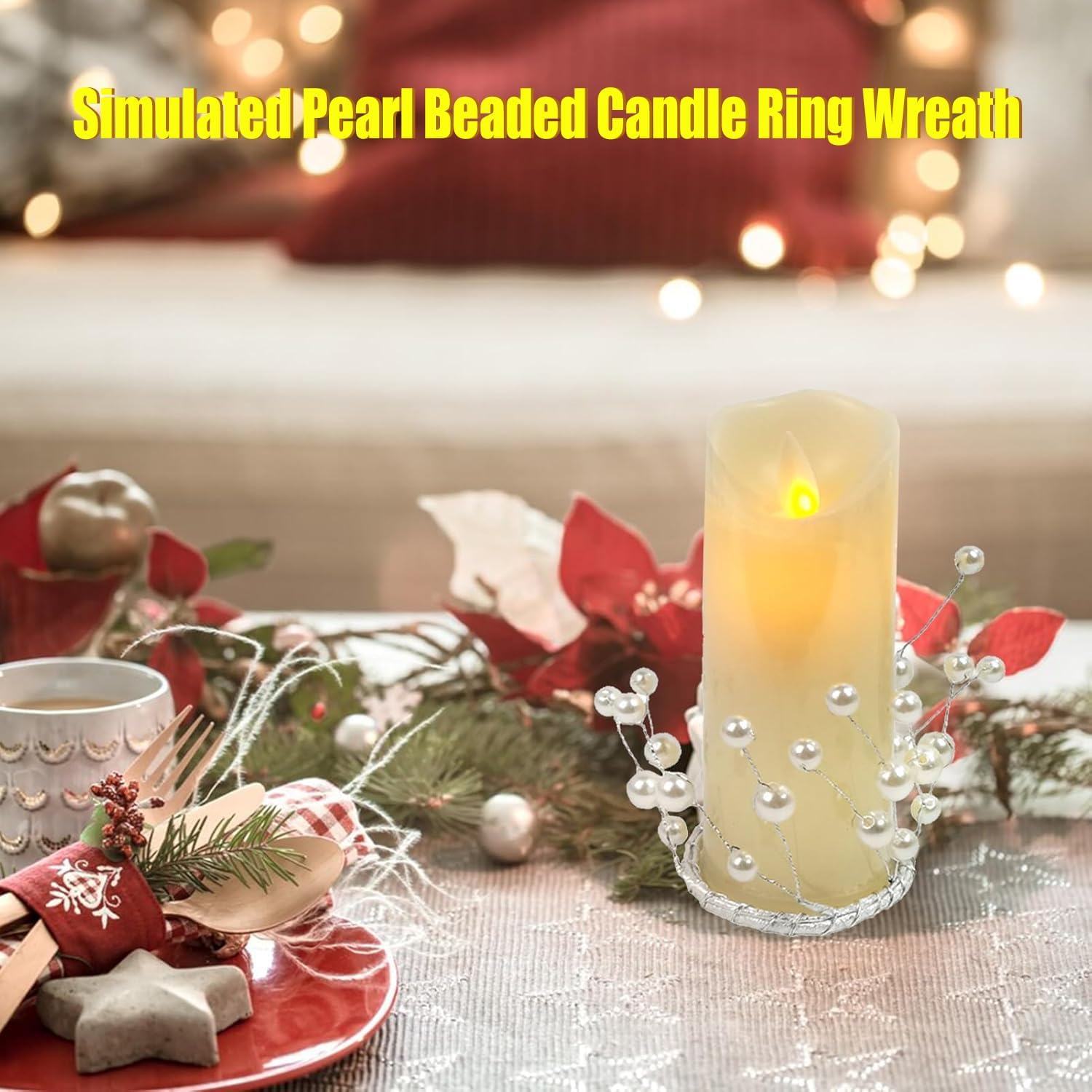 Skiennix Simulated Pearl Beaded Candle Ring Wreath - Elegant 2" Crystal Centerpiece for Home & Events