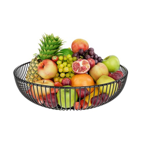 Simple Trending Round Metal Fruit Basket Bowl for Kitchen Counter - Rust-Proof, Non-Slip & Breathable Wire Organizer for Fruits, Veggies, Snacks, Black (11“ Diameter x 3.2” H)