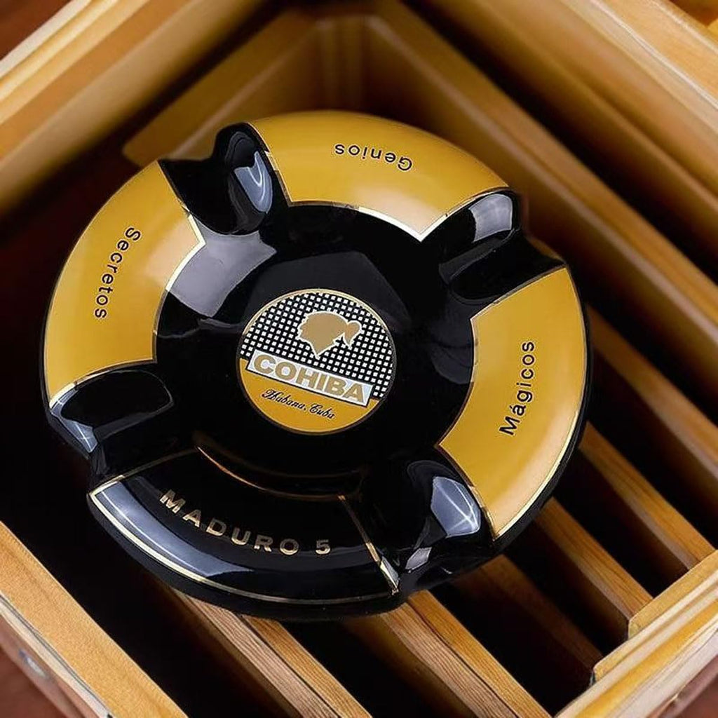 5 Cigar Ashtray, Black and Gold, Round Ceramic, 4 Rests