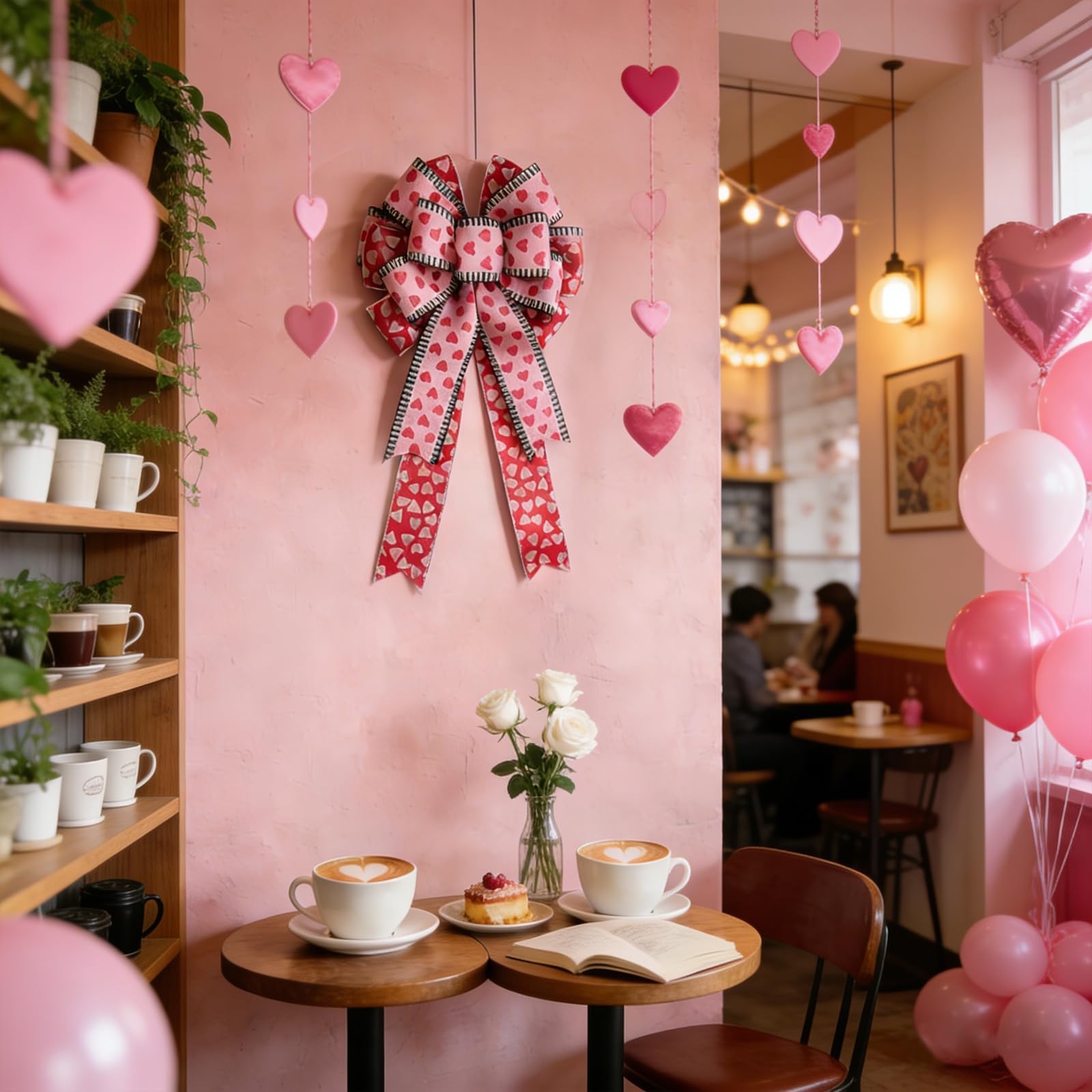 idyllic 18x10 Inch 2 Pcs Valentine's Day Pink Bow with Heart Print, Decor for Wreath Mantel Wall Window for Valentine's Day Wedding Anniversary Candlelight Dinner Home Decor Gift
