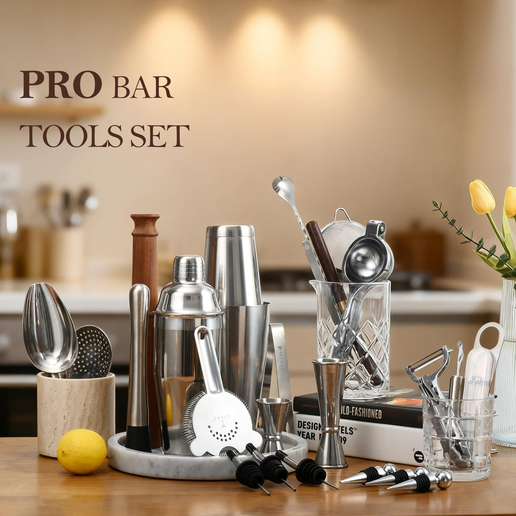 ETENS 33-Piece Professional Bartender Kit with Weighted Boston Shaker – High End Mixology Set for Home Bar – Stainless Steel Barware Tool Set Unbreakable Citrus Squeezer, Ice Scoop & Mixing Glass