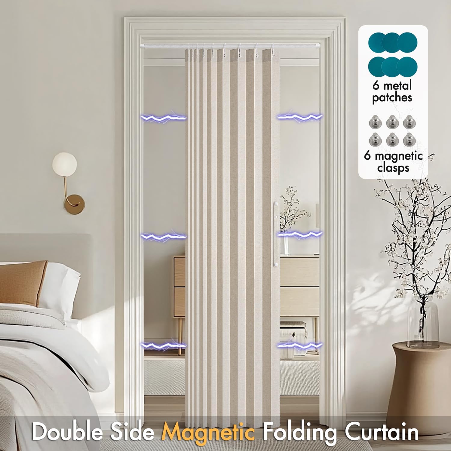 MIULEE Accordion Style Magnetic Folding Door Curtains - Pleated Cream Drapes for Room Divider | Beige, 39" x 78" Panel