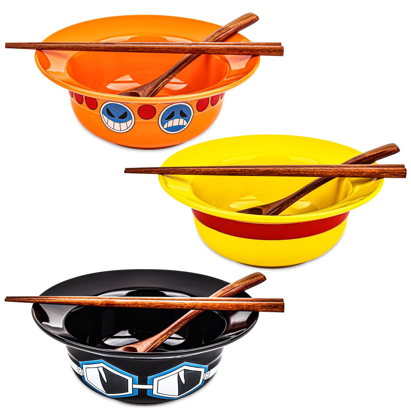 Clakioom 3 Piece Anime Ramen Bowl, Ramen Bowl Set,Straw Hat Design Japanese Ramen Ceramic Bowl Set of 9 with Chopsticks and Spoon