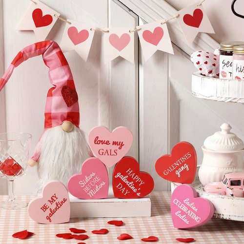 Landical 6 Pcs Galentines Day Decorations Wooden Conversation Hearts Happy Galentine's Day Signs Gifts for Tiered Tray Table Home, Tabletop Centerpiece Decor for Valentines Party Supplies