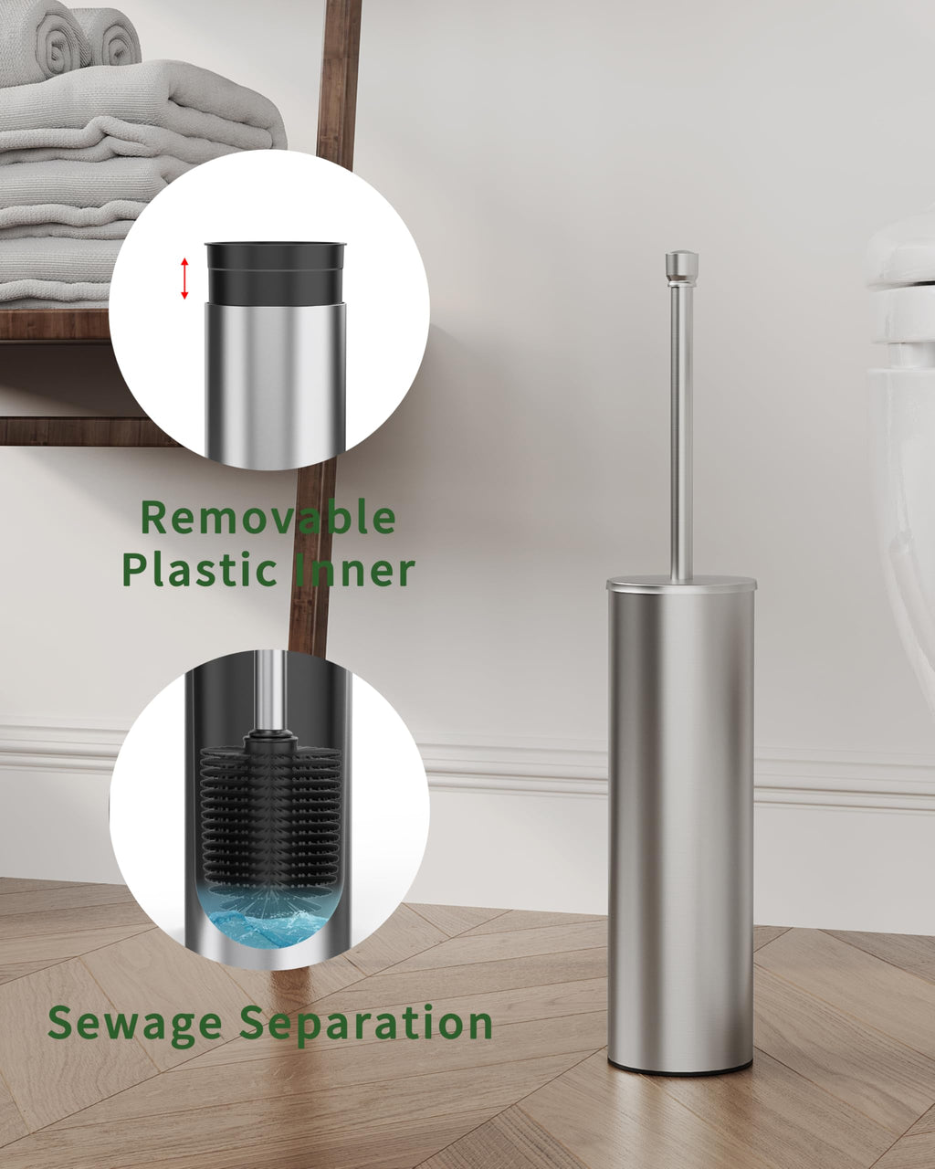WZKALY Toilet Brush and Holder Set, Toilet Bowl Brush for Bathroom with Long Handle, Stainless Steel Toilet Cleaner Brush with Durable Scrubbing Bristles,Splash-Proof (Brushed Nickel)