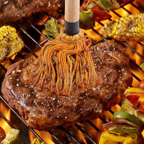 15.5in Basting Mop Brush for BBQ Grilling - Wooden Handle Detachable with 2 Replacement Heads &Silicone Brush - Grill Tools for Outdoor Cooking, Camping, Smoking