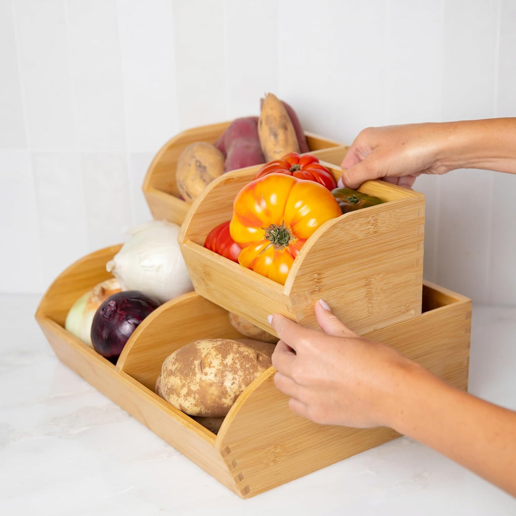 Skiennix Potato and Onion Storage Bin - Ventilated Bamboo Organizer Baskets | Stackable 3-Pack for Kitchen & Pantry