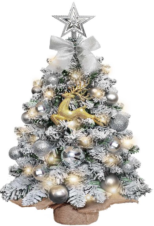 Mini Christmas Tree-with Lights,2ft Small Flocked Christmas Tree with 24pcs DIY Decorations,Small Flocked with LED Lights for Holiday Indoor DIY Decor