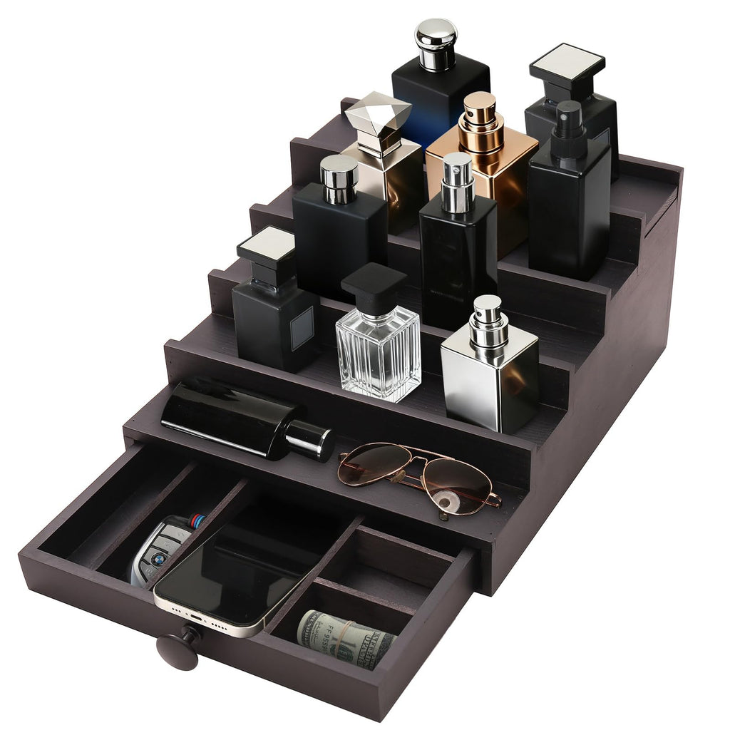Fengligoo 5 Tier Cologne Organizer for Men - Wooden Black Cologne Perfume Display Stand with Drawer and Hidden Compartment, Mens Cologne Holder Shelf for Organizing and Storing