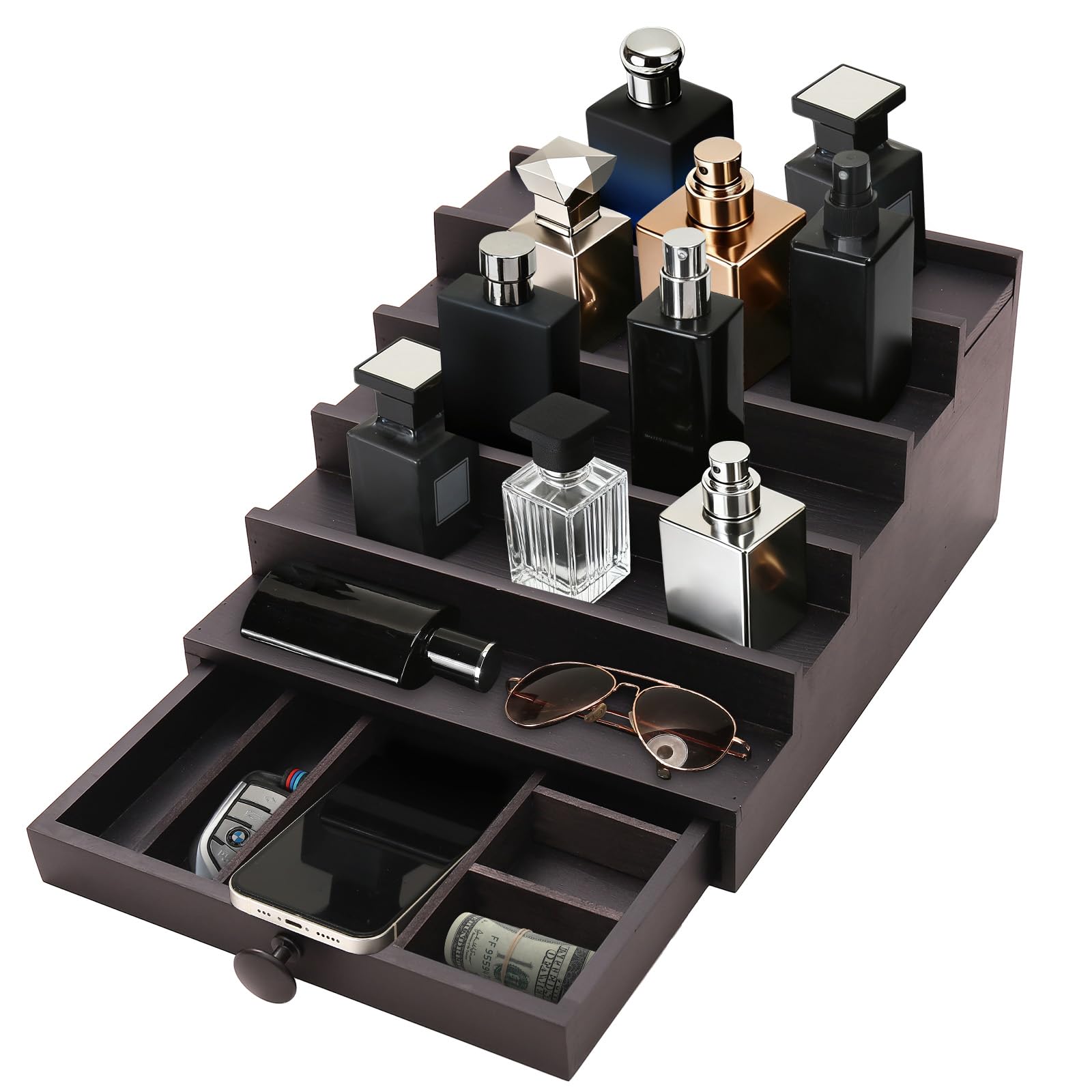 Fengligoo 5 Tier Cologne Organizer for Men - Wooden Black Cologne Perfume Display Stand with Drawer and Hidden Compartment, Mens Cologne Holder Shelf for Organizing and Storing