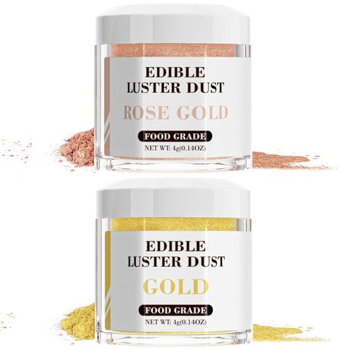 Cherrysea Luster Dust Edible Set - Food Grade Shimmer Powder for Cakes & Cocktails - 4g Bottles, Rose Gold & Gold