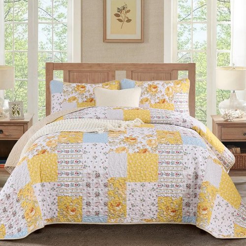 Anibedding Yellow Patchwork Quilt Set Queen Size Boho Floral Plaid Bedspread Coverlet Set, Soft Microfiber Bedding Set Summer Bed Cover, Yellow & Blue Patchwork Farmhouse Bedspread for All Season