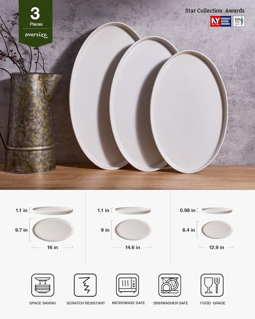 Famiware Serving Platter - Elegant Matte White Oval Dishes for Entertaining | 16/14.6/12.9 Inch Sizes