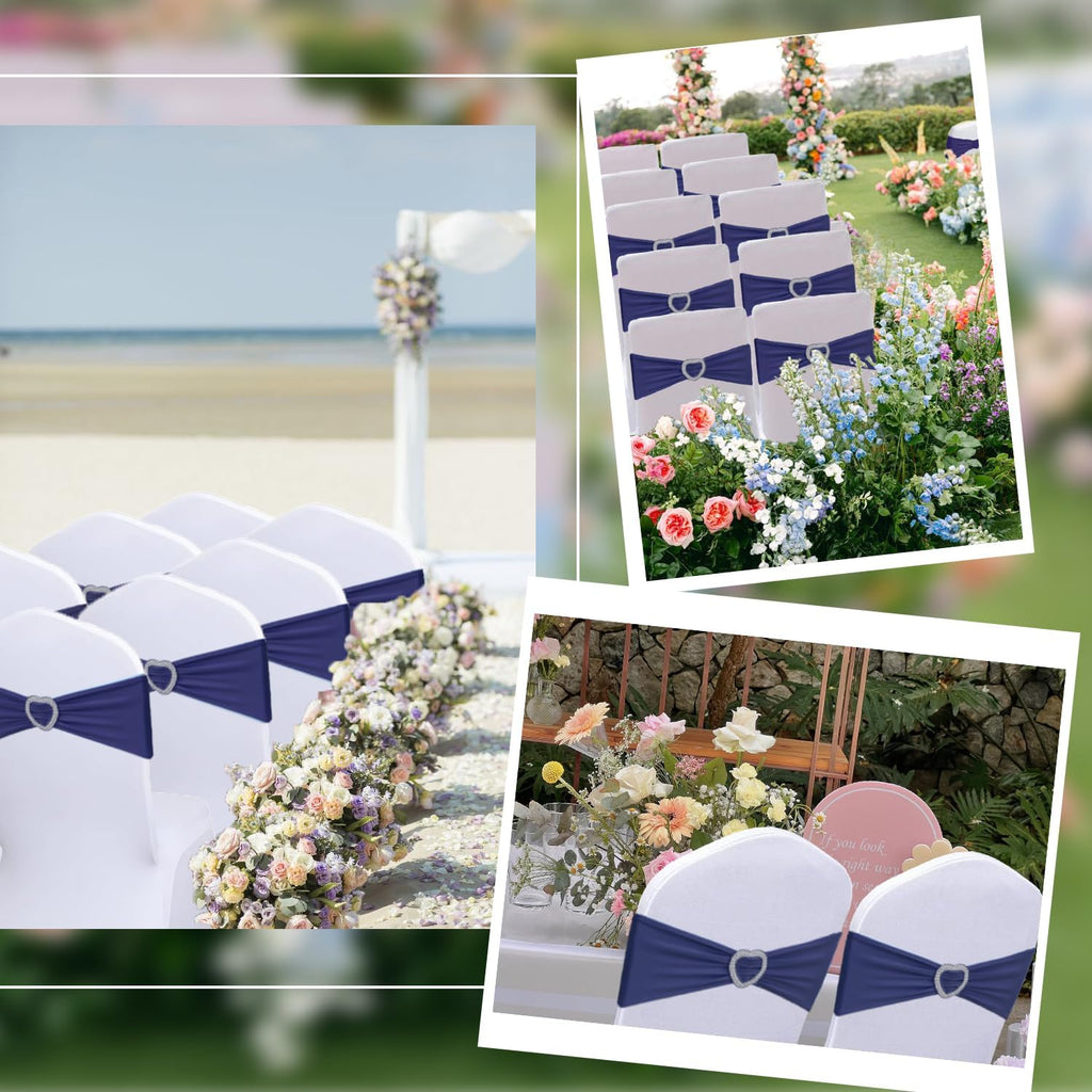 Skiennix Navy Blue Chair Sashes - 30 Pack Universal Elastic Bows with Heart Buckle for Weddings & Events