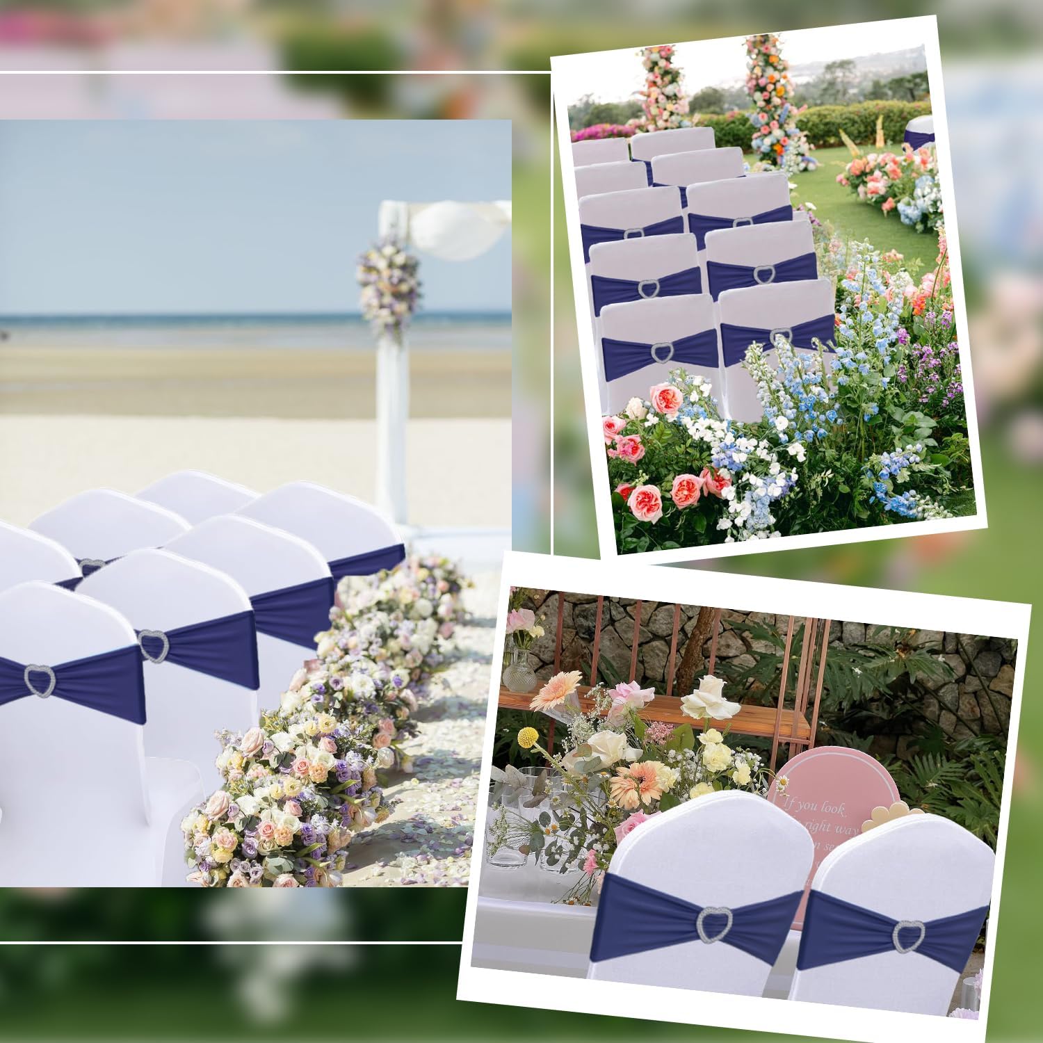 Skiennix Navy Blue Chair Sashes - 30 Pack Universal Elastic Bows with Heart Buckle for Weddings & Events