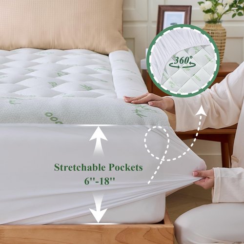 KRIMANO Queen Mattress Topper, Viscose Derived from Bamboo Thick Pillow Top Mattress Pad with Deep Pocket, Naturally Cooling for Hot Sleepers, Soft for Back Pain Relief, Green