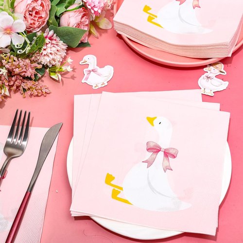 FYSUIMU Paper Napkins - 50 Pcs Cute Pink Bow Goose Design for Birthday & Baby Shower Parties