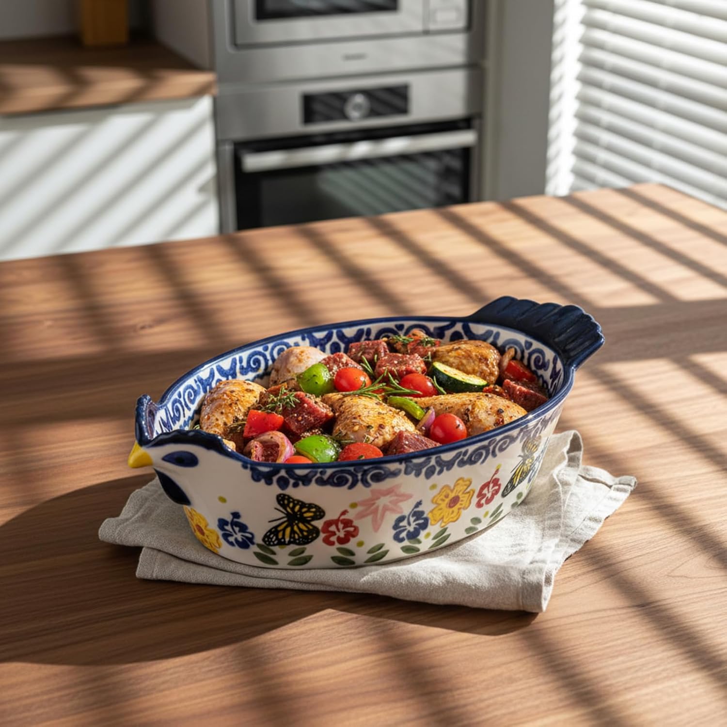 Uiifan 27 Oz Ceramic Casserole Dish - Vintage Chicken Shape Bakeware with Butterfly & Flower Design