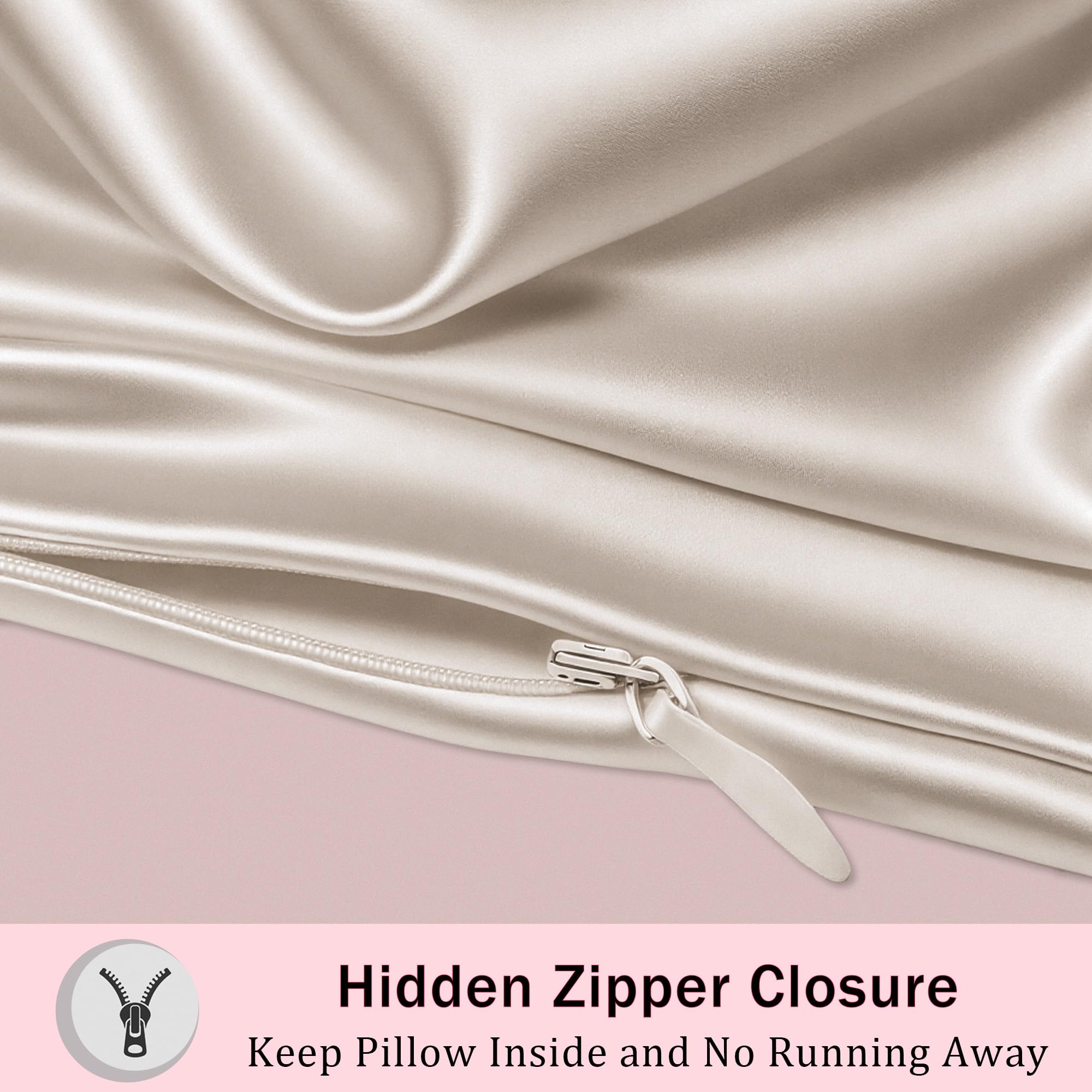 Mulberry Silk Pillow Cases with Zipper, Ultra Smooth Soft Breathable Cooling Pillow Cases for Hot Sleepers, Silk Satin Pillowcase for Hair and Skin, Gifts for Women (Beige, Standard Size, 1 Pack)