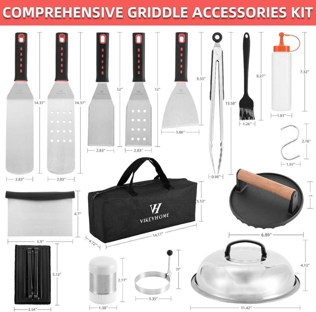 VIKEYHOME Griddle Accessories Kit - 28 Pcs Flat Top Grill Set with Spatula, Tongs & Egg Ring