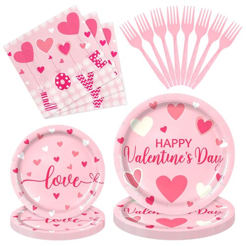 96 Pieces Valentine’s Day Tableware Set – Pink Heart Disposable Plates, Napkins, and Forks with “Love” and “Happy Valentine’s Day” Designs for Romantic Dinners, Weddings, and Parties – Serves 24