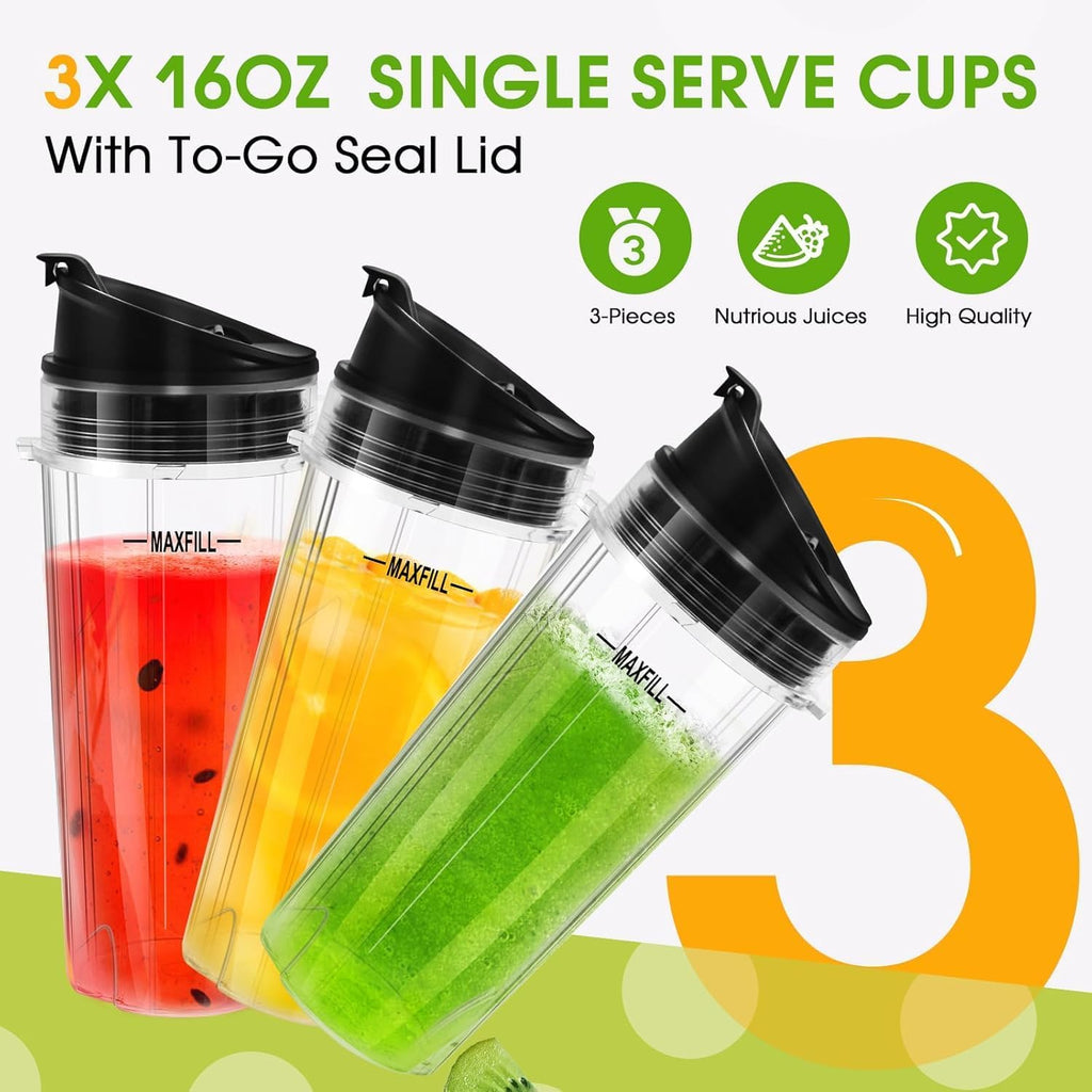 Ninja Blender Cups - 3 Pack Replacement 16oz Cups with Lids | Compatible with QB3001SS, BL770, BL780, BL660, BL740, BL810