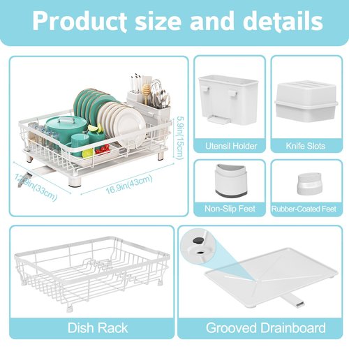 Ricobes Dish Drying Rack - Space Saving Dish Rack - Dish Racks for Kitchen Counter with Drainboard,Rustproof Dish Drainer with Removable Utensil Holder,White