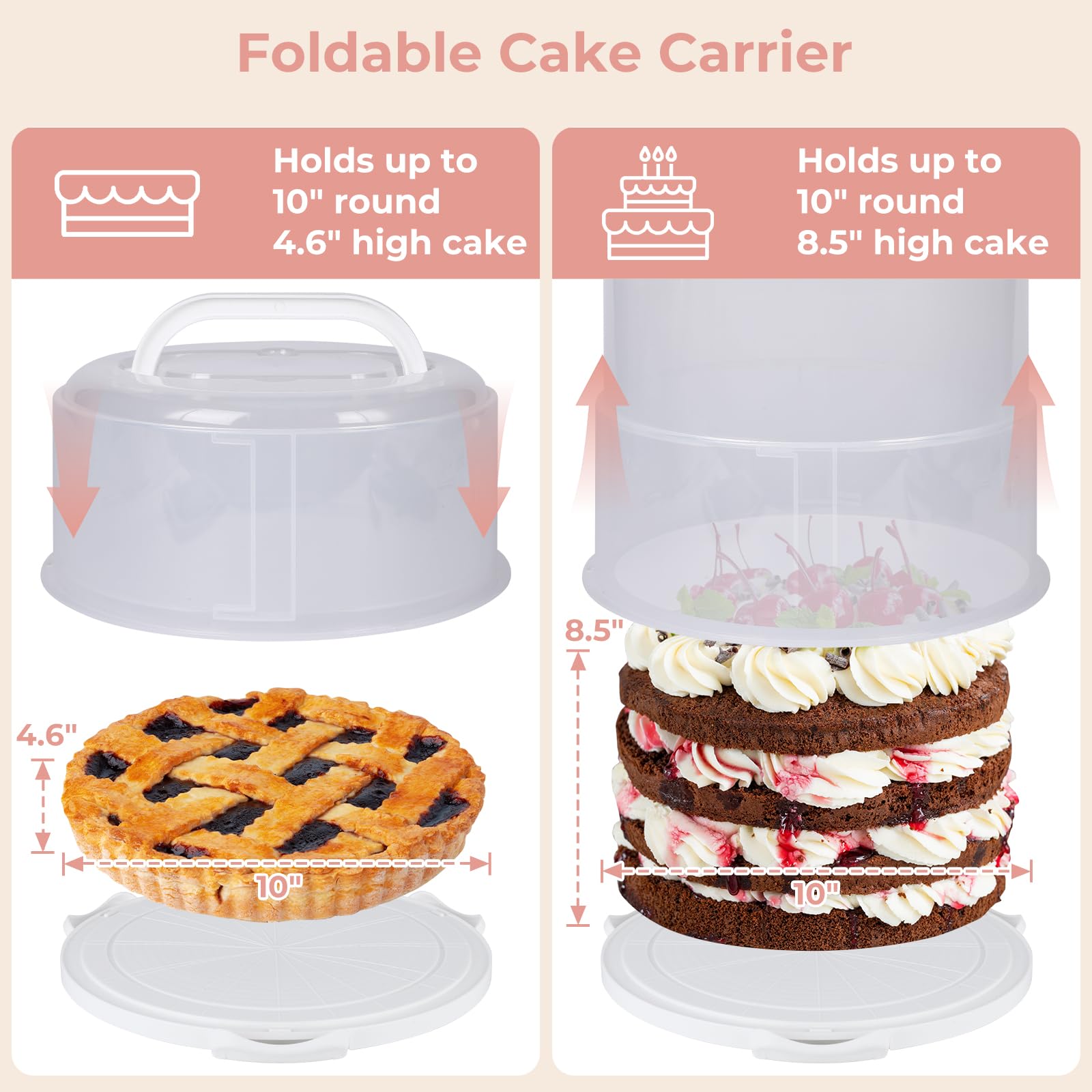 Targihoemt Foldable Cake Carrier, Holds up to 10in Round and 8.5in High Cake, with Lid and Handle
