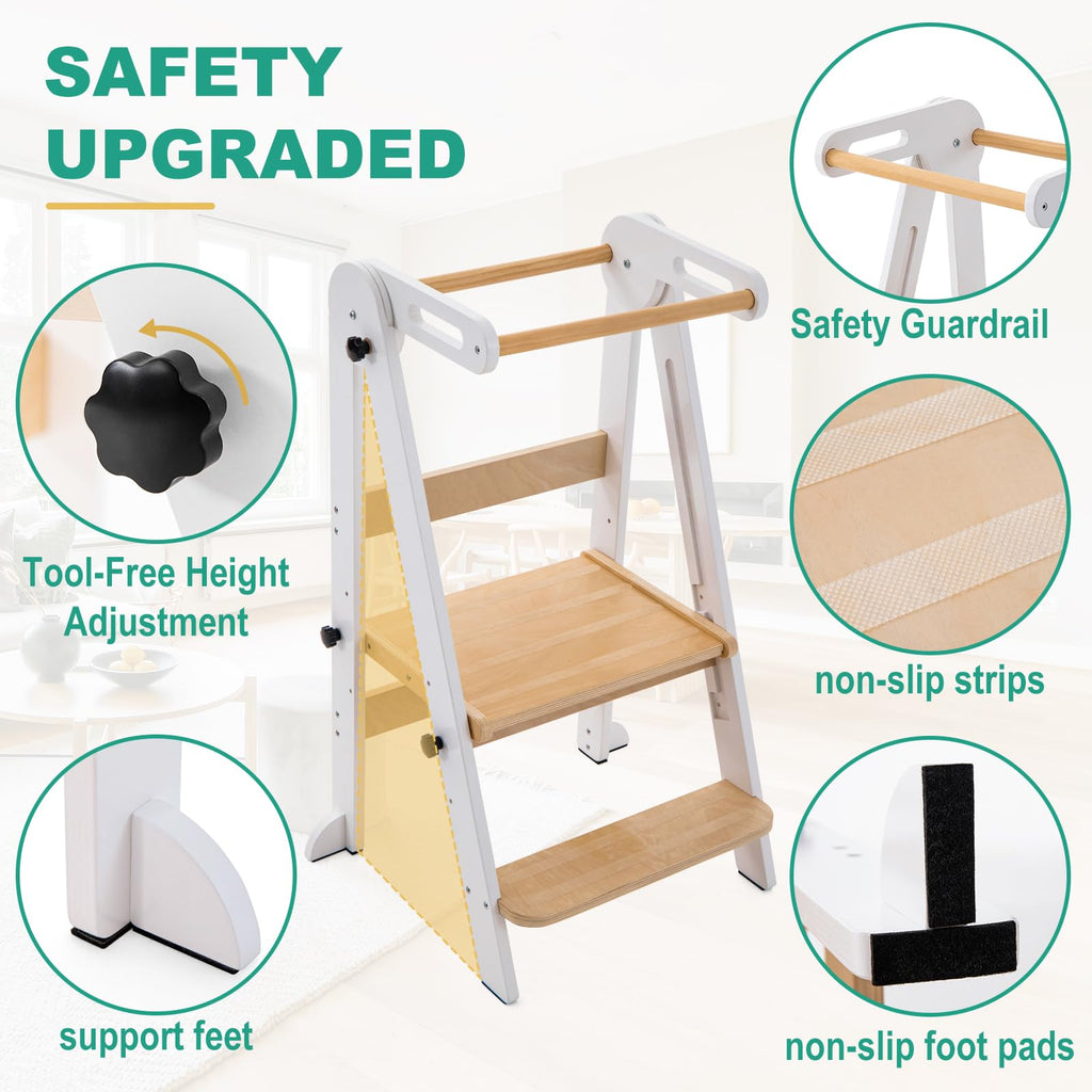 Foldable Toddler Tower, Kitchen Stool Helper, Standing Tower with 3 Adjustable Heights and Non-Slip-Strips, Kitchen Tower for Kids 1.5-6 Years, Montessori Stool for Counter Sink (White)