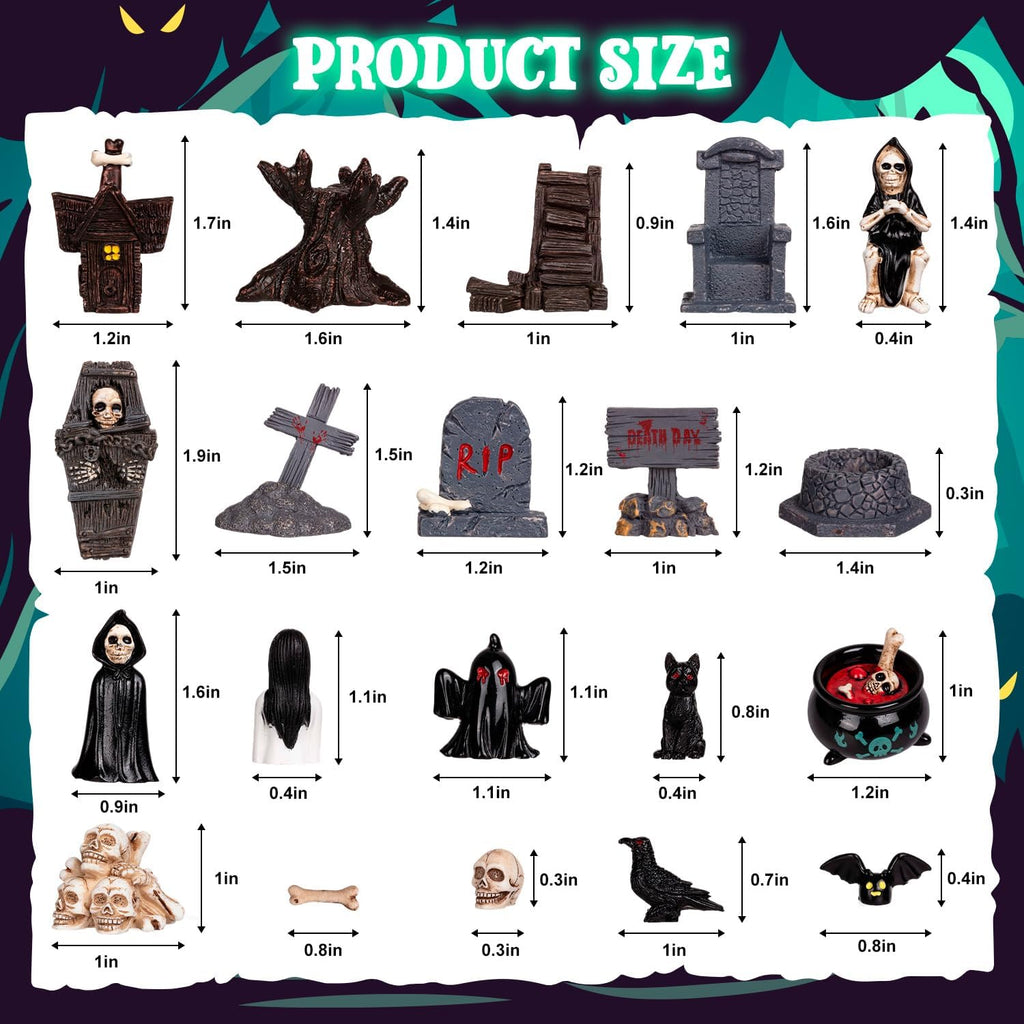 Skiennix 19-Piece Halloween Mini Figurines Set - Resin Skull Heads, Crow & Tombstone Ornaments for Home Decor
